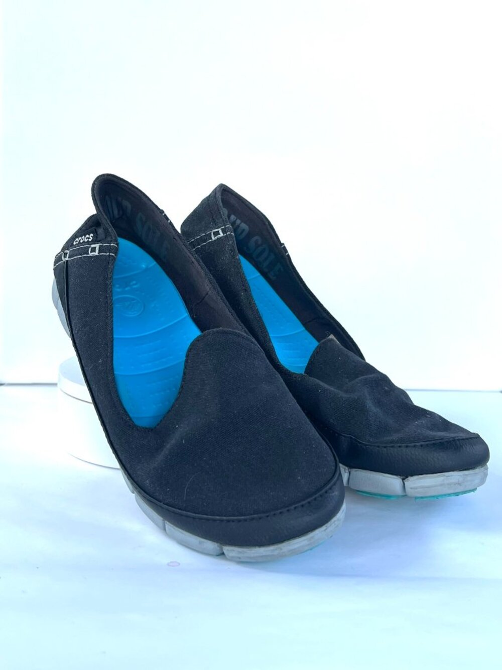 Crocs Stretch Sole Flat 15317 Black Canvas Slip-On Shoes - Ladies Size 7